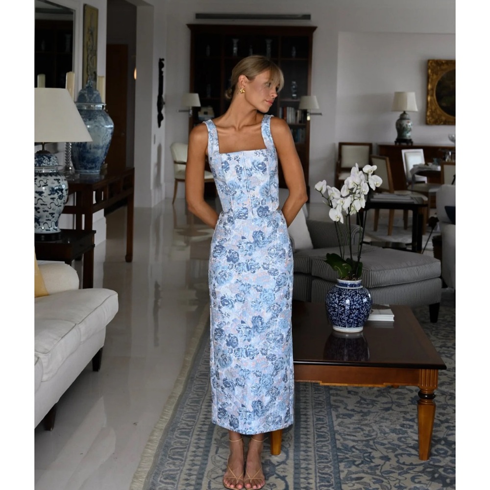 Blue Floral Corset Top and Matching Midi Skirt